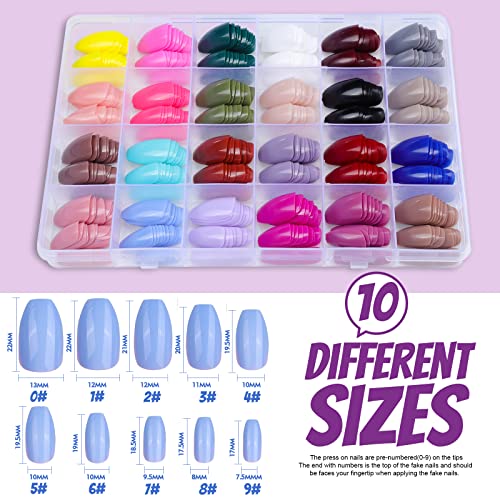 FANDAMEI Press on Nails Medium Length, 24 Pack 576PCS Glossy Medium Coffin Fake Nails Full Cover, Acrylic Short Ballerina False Nail tips with Nail Glue, Nail Adhesive Tabs, Nail File for Nail Art DIY