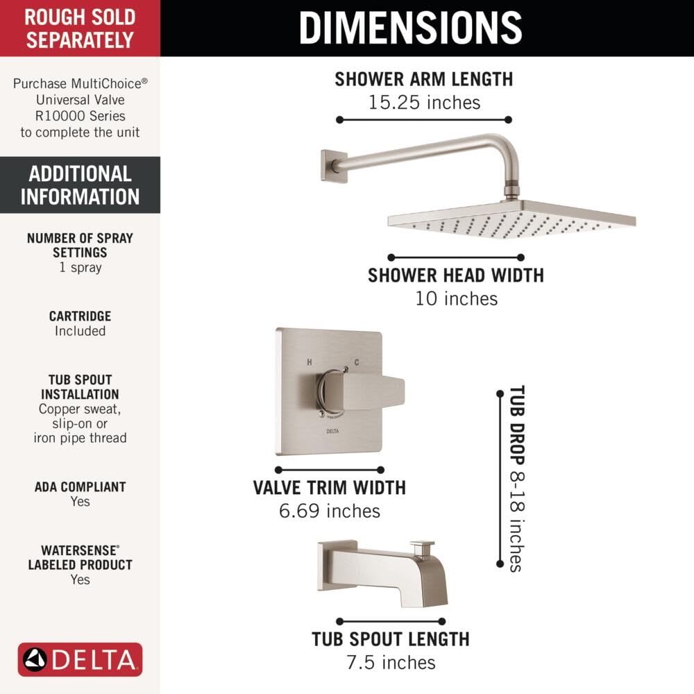 Delta Faucet Modern Raincan Square Single-Function Tub and Shower Trim Kit Brushed Nickel, Tub Faucet Set, Rainfall Shower Head, Spotshield Stainless T14468-SP-PP (Valve Not Included)