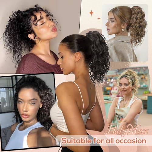 Flufymooz Ponytail Extension, 12" Short Claw Ponytail Extension Wavy Curly Jaw Clip in Pony tails Hair Extension Natural Synthetic Hairpiece for Women (Medium Brown Ash Blonde)