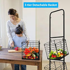 3-Tier Fruit Basket Stand for Kitchen, Wire Market Basket Food Storage Stand with Wheels, Vegetable Produce Pantry Basket Organizer