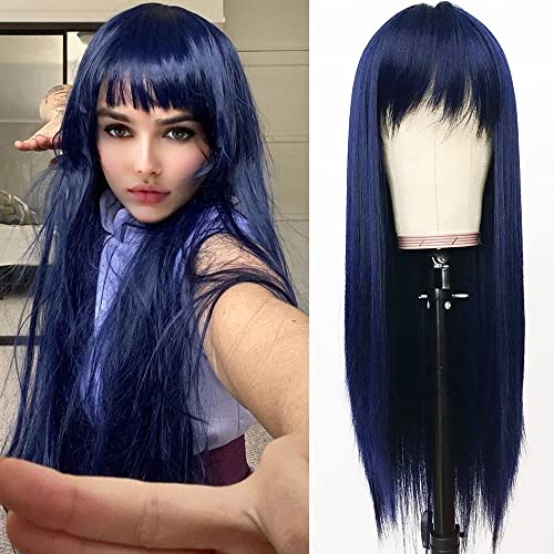 QD-Tizer Dark Blue Synthetic Hair Wigs with Full Bangs Blue Long Straight Women's Wig Heat Resistant Synthetic No Lace Wigs for Fashion Women 24 inch