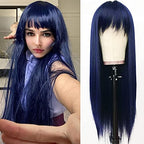 QD-Tizer Dark Blue Synthetic Hair Wigs with Full Bangs Blue Long Straight Women's Wig Heat Resistant Synthetic No Lace Wigs for Fashion Women 24 inch