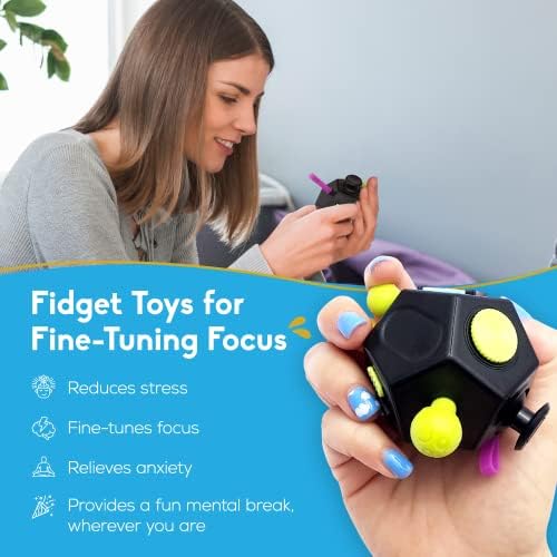 PILPOC theFube Fidget Cube with 12 Sides - Handy Anxiety Toys for Kids and Adults - Fidget Dice for Stress Relief & Focus - Anti Stress Cube for ADHD, ADD, with Carry Case (Green & Mix)