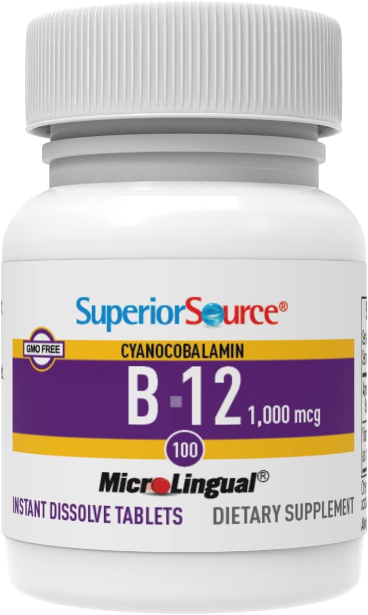 Superior Source No Shot Vitamin B-12 Cyanocobalamin 1000 mcg - Vitamin B-12 to Support Energy Production, Brain Health & Overall Wellness - Sublingual Tablets - 100 Dissolvable Tablets (Pack of 2)