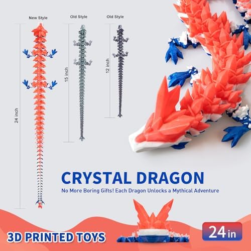 Large 3D Printed Dragon,24 Inch 3D Dragon Toys,Bigger Fidget Crystal Animals Toys, 3D Printed Articulated Animals for Home Office Car Desk Decor (Red White Blue, 24 inch)