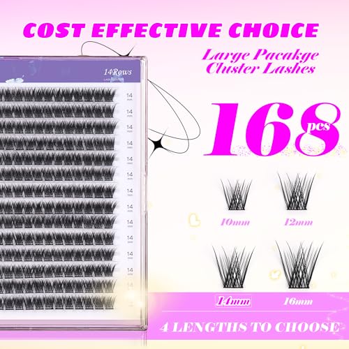GAQQI Lash Clusters, GQ03 False Eyelashes DIY Lash Extensions C Curl 168PCS Cluster Lashes 14MM, Wispy and Natural Lash Wisps (GQ03,14mm,C Curl)