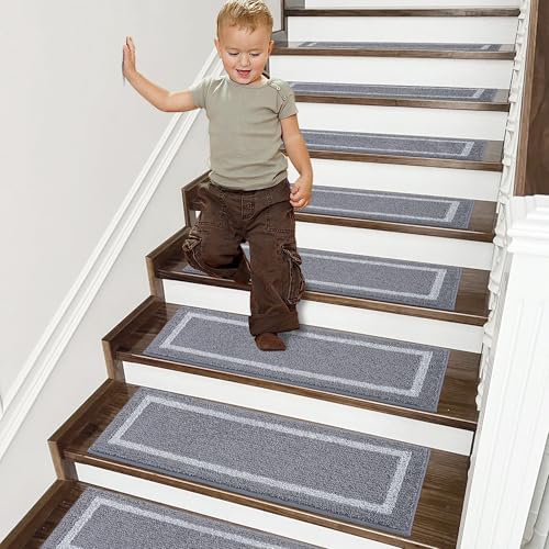 COSY HOMEER Soft Stair Treads 15pcs Non-Slip Carpet Mat 28inX9in Indoor Stair Runners for Wooden Steps,Stair Rugs for Kids and Dogs, 100% Polyester TPE Backing Grey,Square
