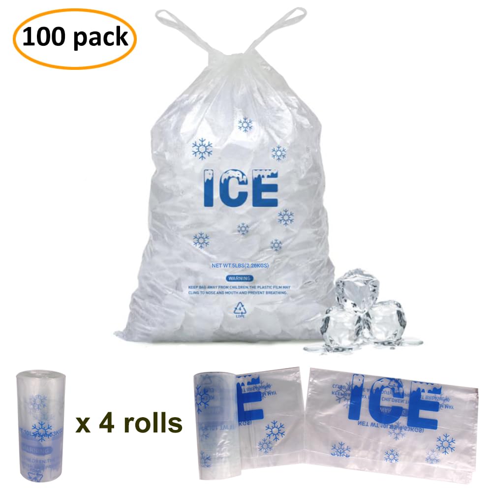 Belinlen 100 PACK 5 lb. Plastic Drawstring Ice Bags 9 x 17 Inch Heavy-Duty Plastic Ice Bags with Draw String (2mil Thickness)