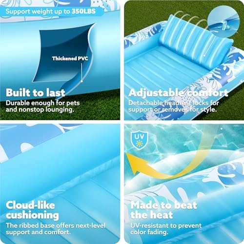 SLOOSH Inflatable Tanning Pool Lounger Float, 85" x 57" Extra Large Pool Floats Adult with Pillow, 4 in 1 Suntan Tub Raft Floatie,Sunbathing Bed Lounge for Water Blow Up Ball Pit Party Gifts, XL-Blue