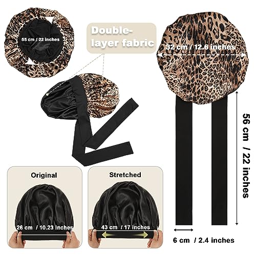 Satin Bonnet for Women Tie Band Hair Bonnet for Sleeping Large 2 Layered Silk Sleeping Cap Nightcap for Sleeping with 3PCS Hair Scrunchies (Leopard Print(Bonus3 Hair scrunchies))