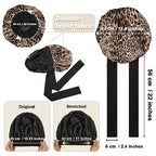 Satin Bonnet for Women Tie Band Hair Bonnet for Sleeping Large 2 Layered Silk Sleeping Cap Nightcap for Sleeping with 3PCS Hair Scrunchies (Leopard Print(Bonus3 Hair scrunchies))