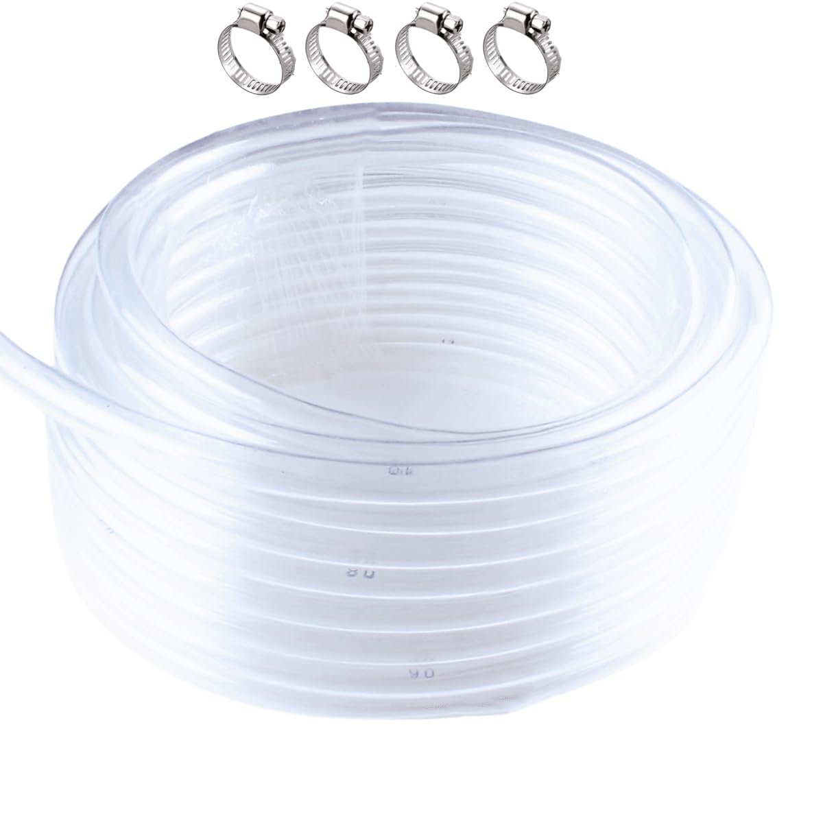 5/8" ID x 13/16" OD - 25 ft Clear Plastic Vinyl Tubing, Flexible PVC Hose Lightweight Tube with 4 Stainless Clamps for Transfer Water Air Oil.