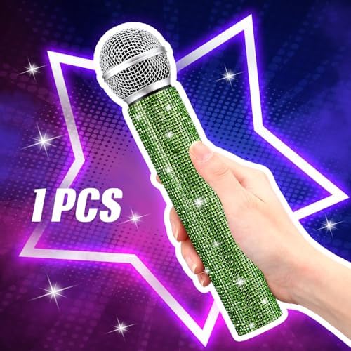Sanwuta Fake Microphone Prop Sparkly Bling Rhinestones Plastic Play Microphone Pretend Glitter Bedazzled Mic for Cosplay Party Costume(Light Green)