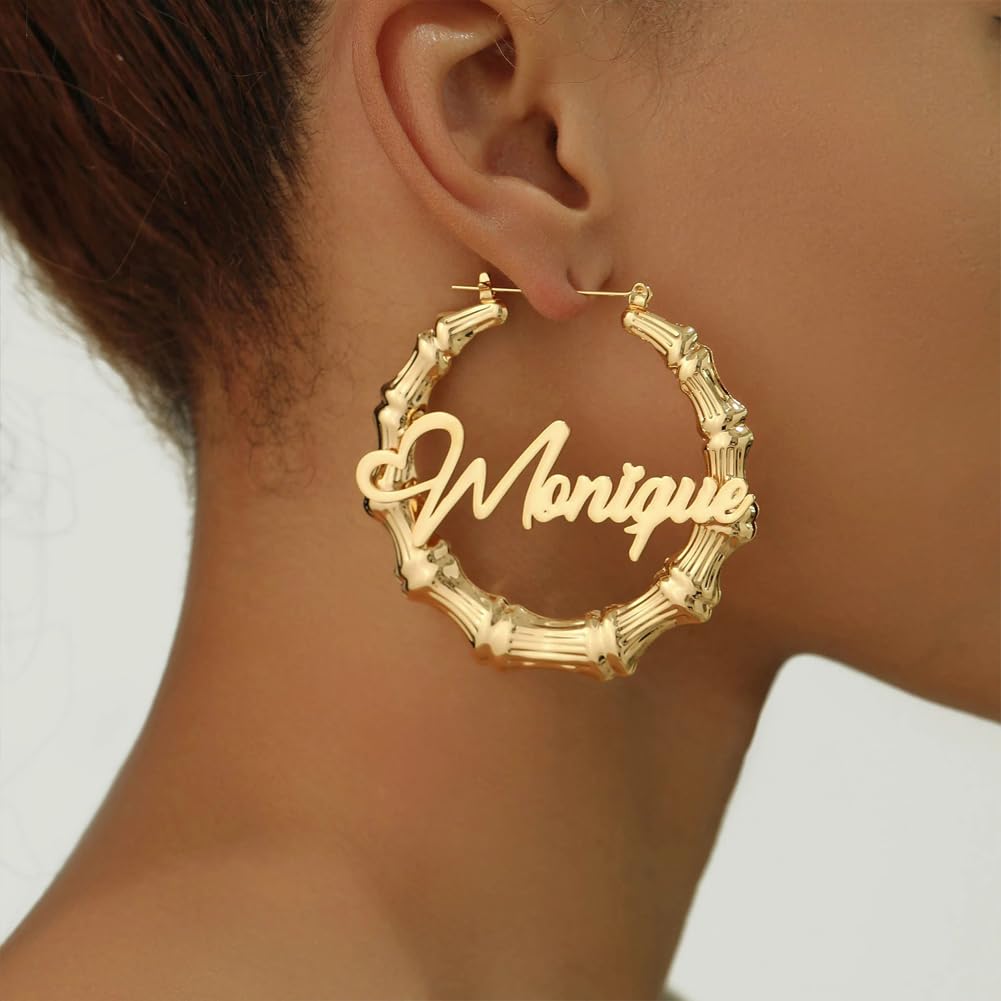 Pselysian Custom Name Hoop Earrings, Personalized Bamboo Earrings, 18K Gold Plated Big Hoop Earrings, Custmized Gifts for Mom Grandma Women (30MM)