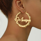 Pselysian Custom Name Hoop Earrings, Personalized Bamboo Earrings, 18K Gold Plated Big Hoop Earrings, Custmized Gifts for Mom Grandma Women (30MM)