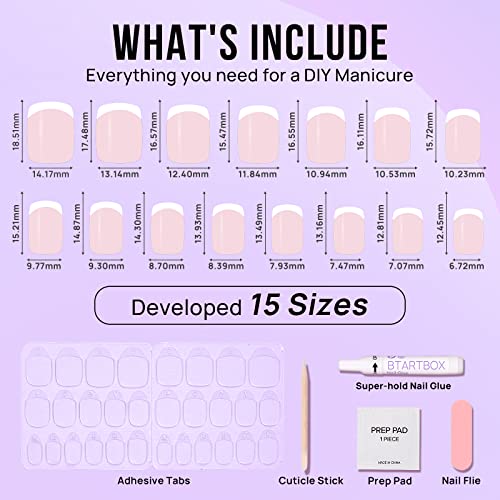 BTArtbox French Tip Press on Nails - Gel Press on Nails Short, No Fade Out Fake Nails with Nail Glue, Seamless Fit Glue on Nails in 15 Sizes Nail Kit for Valentine's Day Gift, Classic White