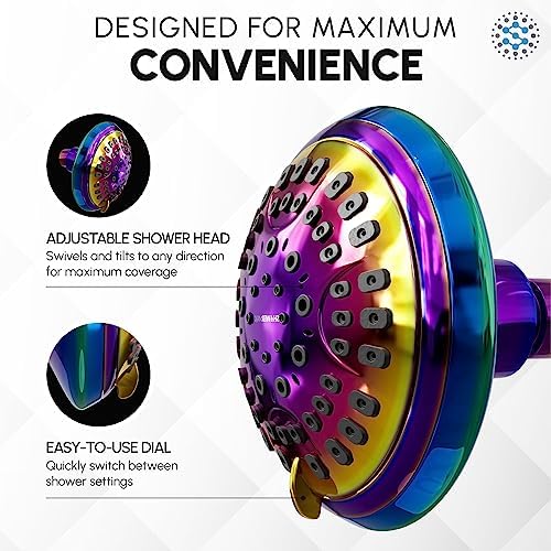 Luxury Spa Series Shower Head, 6 Spray Setting, 4.5 Inch Adjustable High Pressure Shower Head Fixture for Hard Water, 360-Degree Tilt Massage Shower System - Rainbow Finish Shower Head