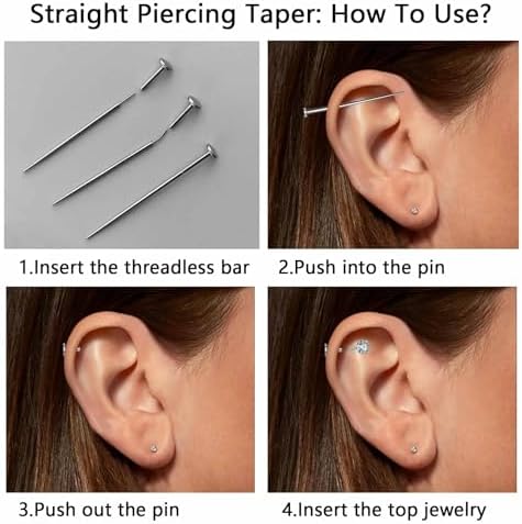 G23 Titanium Threadless Piercing Taper 16G/18G/20G Flat Back Earring Applicator Tool Insertion Pin for Push In Nose Lip Ear Tragus Helix Body Piercing Jewelry Stretcher Assistant Tool