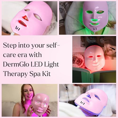LED Face Mask Light Therapy Premium Spa Kit (4 Pcs) - With Ultrasonic Scrubber, Ultrasonic Brush & Green Tea Serum - 7 Colors (Blue & Red) Light Therapy Mask -Spa Light Therapy Facial For Rejuvenation