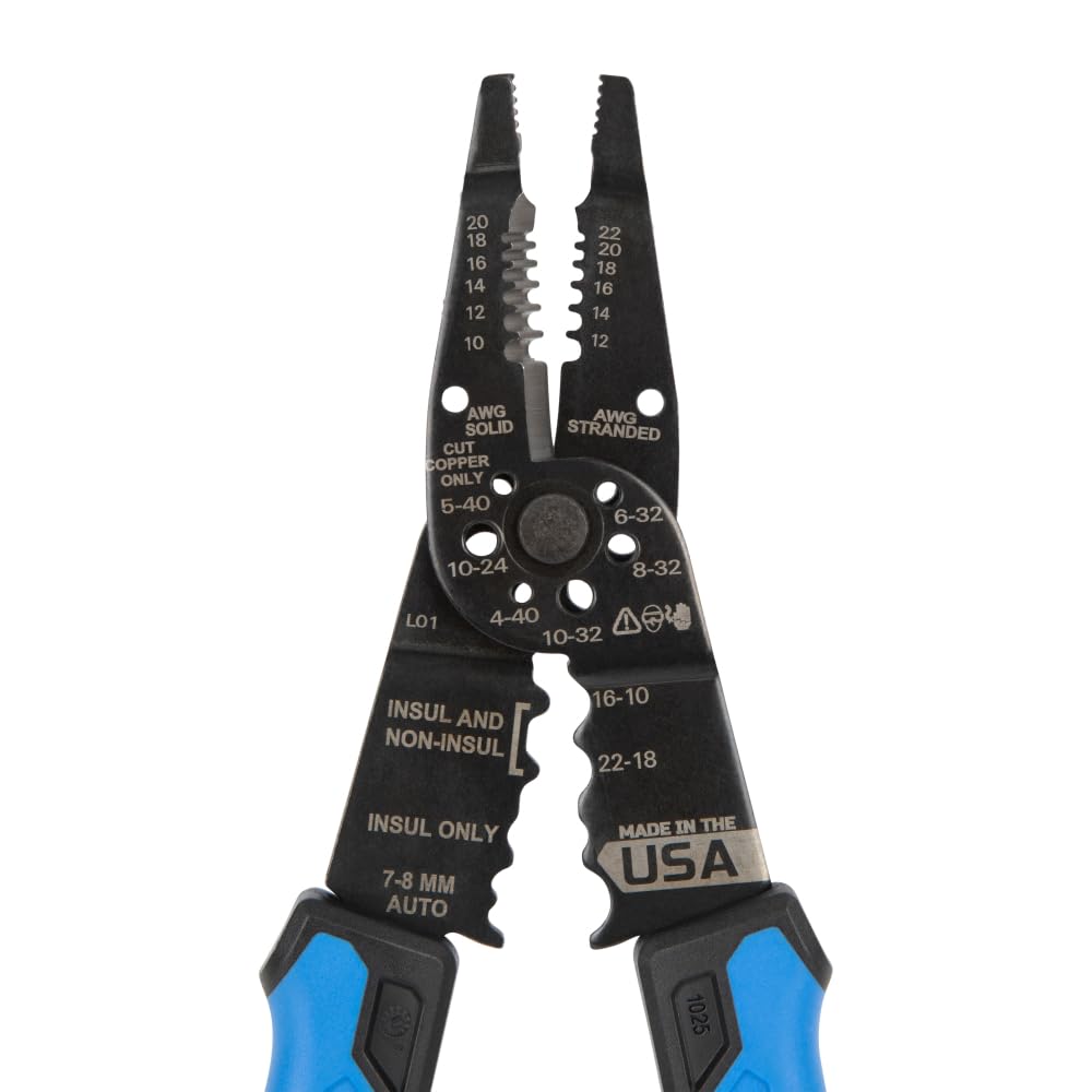 Klein Tools 1025 Long Nose Multi-Purpose Wire Stripper, Made in USA Professional Electrician Tools, Crimping Tool, Cable Stripper for 10-20 AWG Solid, 12-22 AWG Stranded Wire