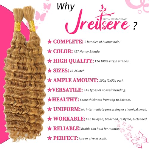 Honey Blonde Human Braiding Hair for Boho Braids Deep Wave Bulk Human Braiding Hair 100g 18 Inch 2 Bundles/Pack No Weft Color 27# 100% Brazilian Human Braiding Hair Extensions for Micro Braiding