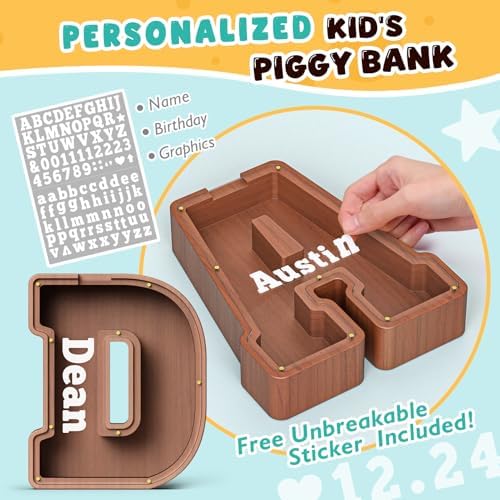 Summidate Wooden Letter Piggy Bank, Extra Thick Large Capacity Piggy Bank for Kids Boys Girls Toddler, Alphabet D Money Bank| Coin Box Birthday, Christmas, Festival