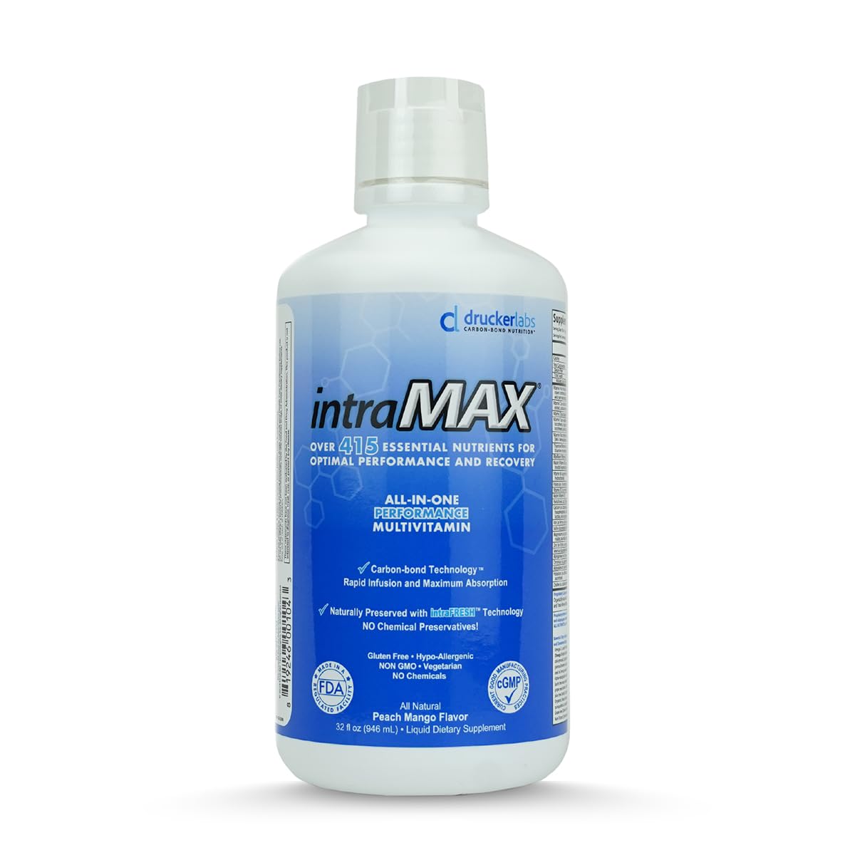 Drucker Labs - intraMAX Organic Liquid Multivitamin, Non GMO, Dairy Free, Gluten Free, Magnesium, Vitamin D, C and E, Zinc (32 oz., Peach Mango)