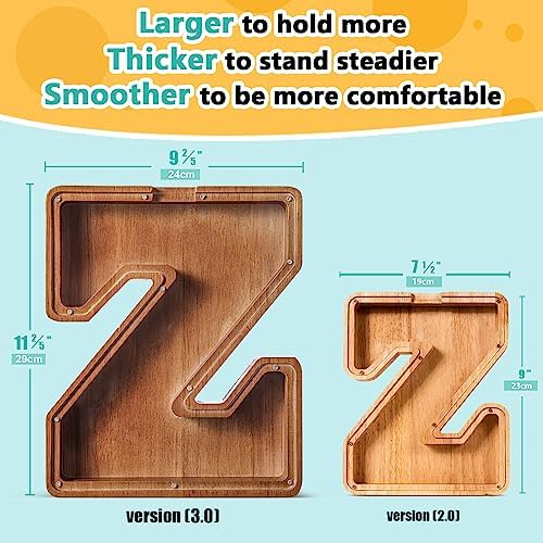 Summidate Customized Name Large Wooden Piggy Bank for Kids Boys Girls Alphabets Letter A-Z Coins Bills Money Change Bank Box Initial on Clear Cover (Laser Engraved) (Alphabet-Z, Personalized-12)