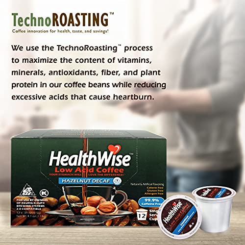 Healthwise Low Acid Hazelnut Decaf, Chemical-Free Swiss Water Process, 99.9% Caffeine Free, 100% Colombian Coffee K-Cups – Medium Roast, Healthier Coffee for Sensitive Stomachs - Keurig 2.0 Compatible - - 144 Count (Pack of 12)