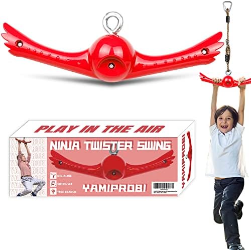 Ninja-Twister Swing Spins Set: Slackline Attachments - 360° Handle Twist-Spin Flips Toy Activate Ninja Powers Warrior Accessories Kids Hang Toys for Playground Backyard, Red