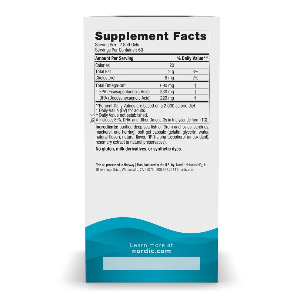 Nordic Naturals Omega-3, Lemon Flavor - 120 Soft Gels - 690 mg Omega-3 - Fish Oil - EPA & DHA - Immune Support, Brain & Heart Health, Optimal Wellness - Non-GMO - 60 Servings
