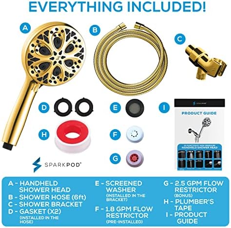 SparkPod 10-Mode Handheld Shower Head with Hose - 5" High Pressure Shower Head Set with Touch-to-Clean Nozzles, Built-In Power Jet, Stainless Steel 6ft Hose & Bracket (Egyptian Gold)