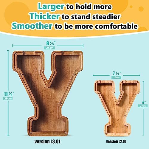 Summidate Customized Name Large Wooden Piggy Bank for Kids Boys Girls Alphabets Letter A-Z Coins Bills Money Change Bank Box Initial on Clear Cover (Laser Engraved) (Alphabet-Y, Personalized-12)
