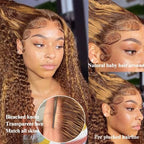 QNQZ Wear and Go Glueless Wigs Human Hair Pre Plucked Pre Cut Ombre Highlight Curly Wig Human Hair for Women 180% Density 13x4 HD Lace Front Wigs Human Hair 3S Ready to Wear for Beginners 16 Inch