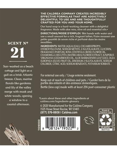 Caldrea Hand Soap Refill, Aloe Vera Gel, Olive Oil And Essential Oils To Cleanse And Condition, Rosewater Driftwood Scent, 32 Oz