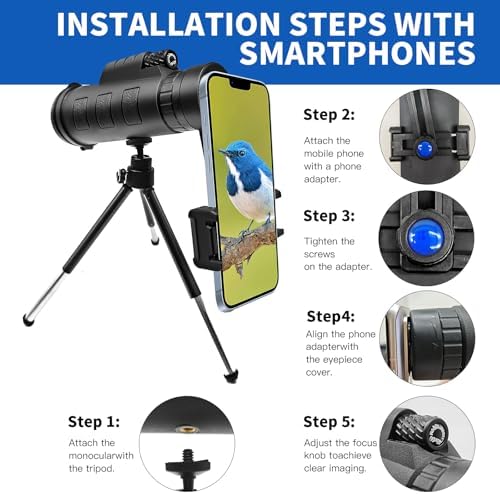 Monocular Telescope for Adults,12x50 HD Large Vision Monoculars with Smartphone Adapter Tripod,High Powered Monocular for Bird Watching Hunting Hiking Camping Wildlife,BAK4 Prism FMC Lens,Waterproof