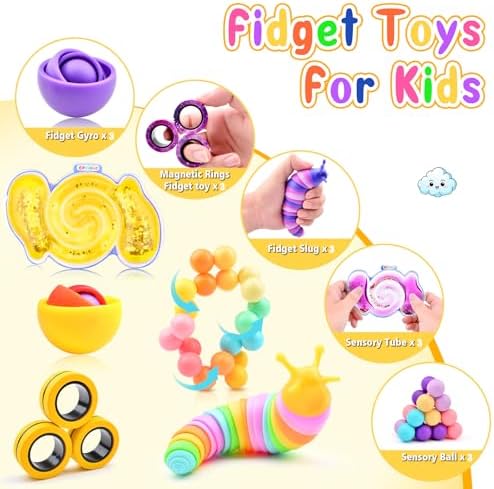 Cevioce 15Pcs Fidget Toys Adults Pack,Stocking Stuffers for Teens Boys Girls,Autism Sensory Toys with Fidget Spinner Slug Magnetic Rings,Squishy Fidget Toys ADHD Stress Relief,Party Favor for Kid-BPY