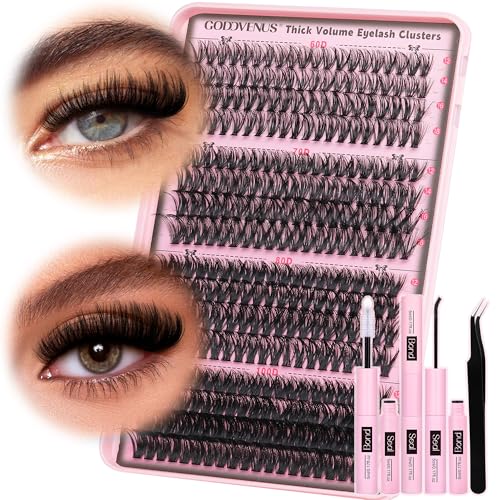 Eyelash Clusters Kit 60+70+80+100D Individual Lashes 320Pcs 12-18mm Lash Extension Kit Wispy Eyelash Extension Kit Fluffy Volume Waterproof Cluster Eyelash Extensions Kit