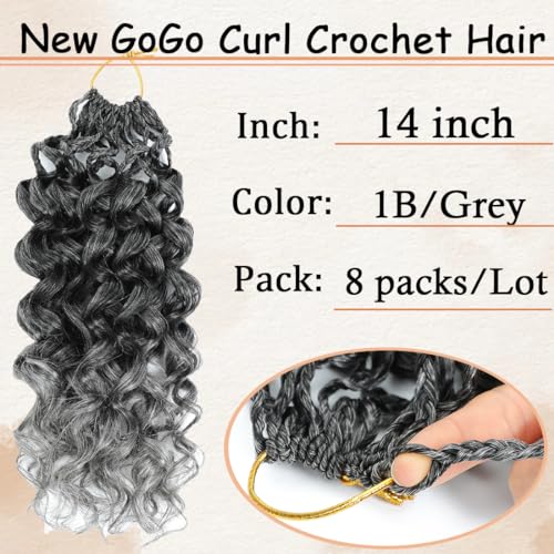 Pretwisted Gogo Curl Crochet Hair 14 Inch 8 Packs Short Curly Crochet Hair for Women Pre looped Ocean Wave Crochet Hair Water Wave Crochet Hair Deep Wave Crochet Braiding Hair(14 inch 8 packs 1B/Grey)