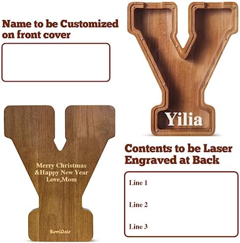 Summidate Customized Name Large Wooden Piggy Bank for Kids Boys Girls Alphabets Letter A-Z Coins Bills Money Change Bank Box Initial on Clear Cover (Laser Engraved) (Alphabet-Y, Personalized-12)