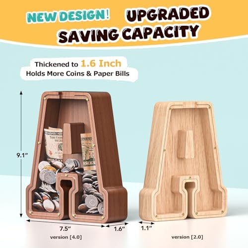 Summidate Wooden Letter Piggy Bank, Extra Thick Large Capacity Piggy Bank for Kids Boys Girls Toddler, Alphabet F Money Bank| Coin Box Birthday, Christmas, Festival