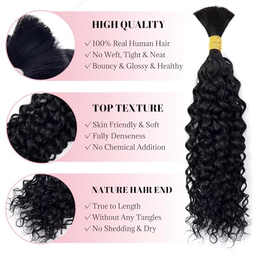 Human Braiding Hair Deep Water Wave Bulk 100g 2 Bundles 26 Inch 100% Brazilian Virgin Curly Extensions for Boho Braids Natural Black Wet and Wavy Braiding Boho Human Hair