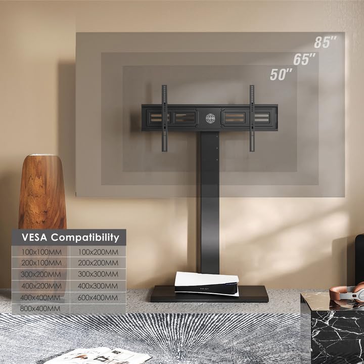 FITUEYES Iron Base Universal Floor TV Stand with Swivel Mount Space Saving for 50-85 Inch LED LCD Plasma Flat or Curved Screen TVs Height Adjustable Cable Management