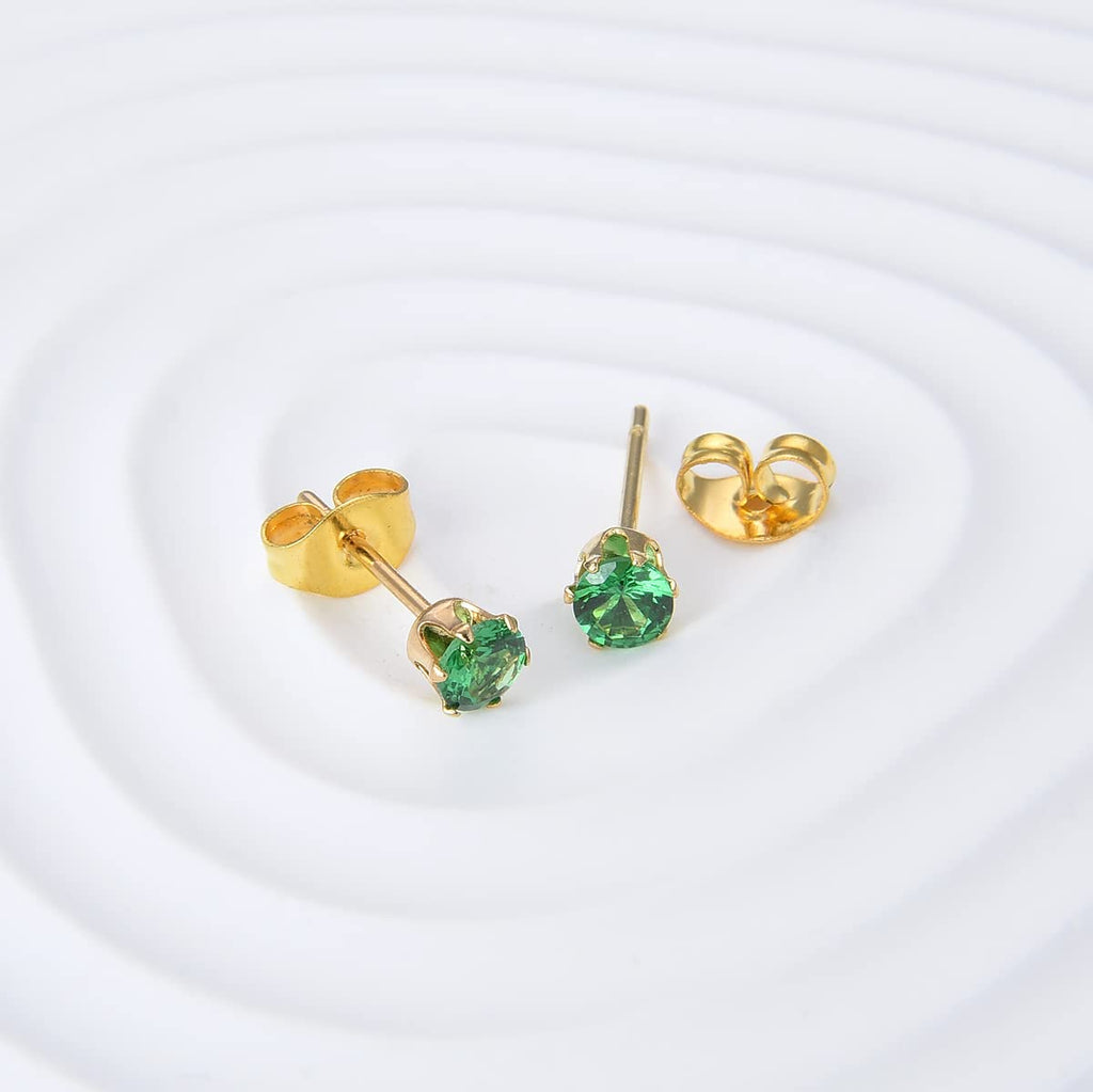 12 Pairs 18K Gold Plated Surgical Stainless Steel Stud Earring, Cubic Zirconia CZ Stud Earrings for Women, Multicolor Birthstone Stud Earrings Set 4mm (Prong 4mm)