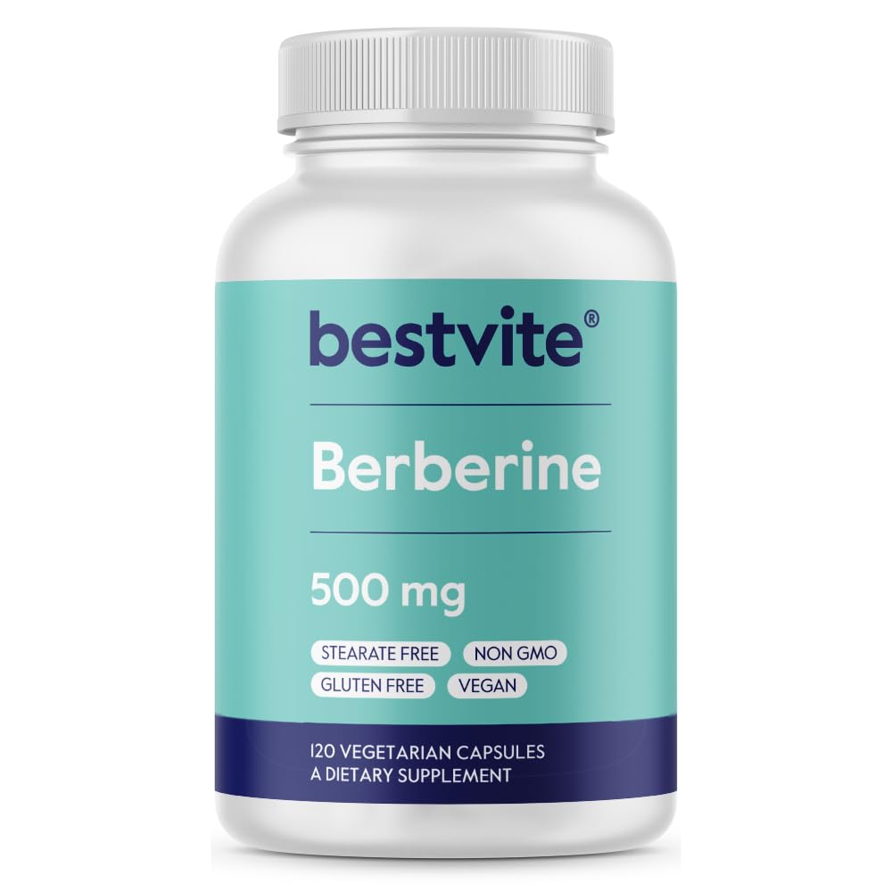 BESTVITE Berberine 500mg Per Capsule (120 Vegetarian Capsules) - No Fillers - No Stearates - No Flow Agents - Vegan - Gluten Free - Non GMO