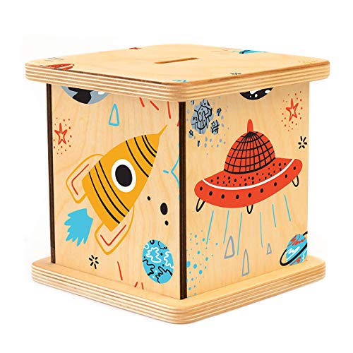 Wooden Piggy Bank for Kids and Adults, Personalized Gift Handmade in USA by BloomOwl, Custom Piggy Bank, Personalized Banks for Kids, Gifts for Baby Boys and Girls (Space)