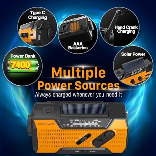 FosPower Emergency Weather Radio (Model A1) NOAA/AM/FM with 7400mWh Portable Power Bank, USB/Solar/Hand Crank Charging, Battery Operated, SOS Alarm & Flashlight for Indoor/Outdoor Emergencies