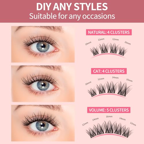 DIY Eyelash Extension Kit,114pcs 10-16mm Lash Cluster With Lash Bond and Seal Remover, Tweezers, Individual D Curl Manga Cluster Lashes, Natural Look, Hyacinth