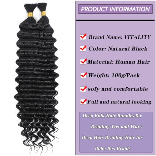 Human Braiding Hair for Boho Braids Bohemian Deep Wave Bulk Human Braiding Hair 100% Unprocessed Brazilian Virgin Human Hair Extensions 2 Bundles Micro Braiding Hair (18 inch,Natural Black)
