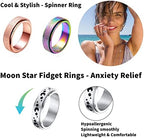 MUCAL Fidget Rings for Anxiety 8pcs Stainless Steel Spinner Ring Anti Anxiety Ring Spinning Moon Star Cool Stress Relieveing Rings for Women Men